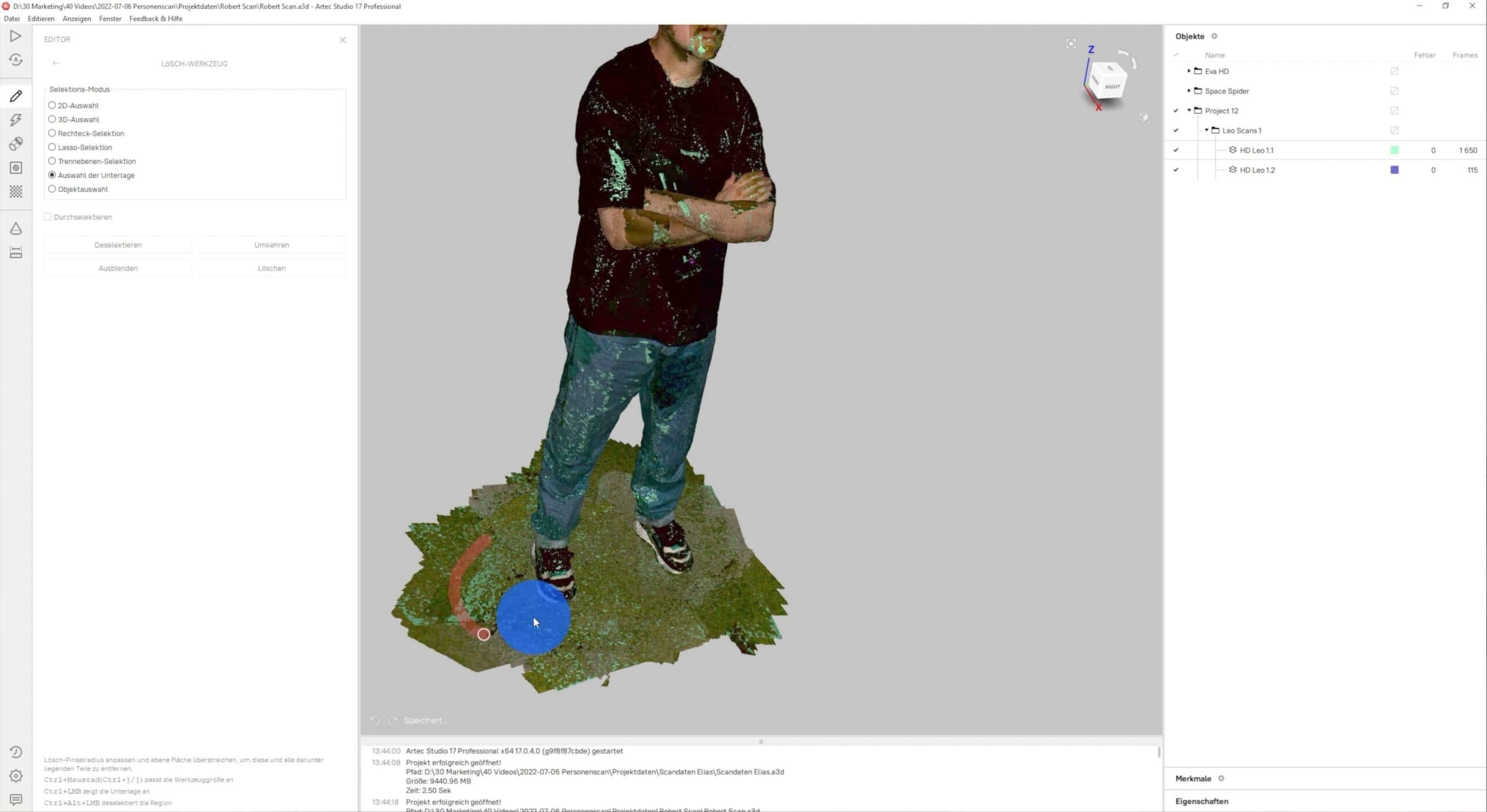 Personen 3D Scan Artec Studio Boden entfernen
